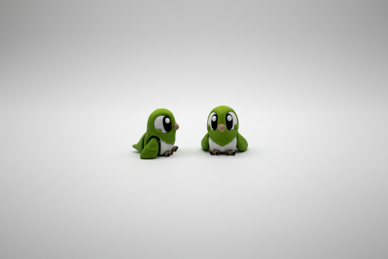Two green toys resembling birds on a white background