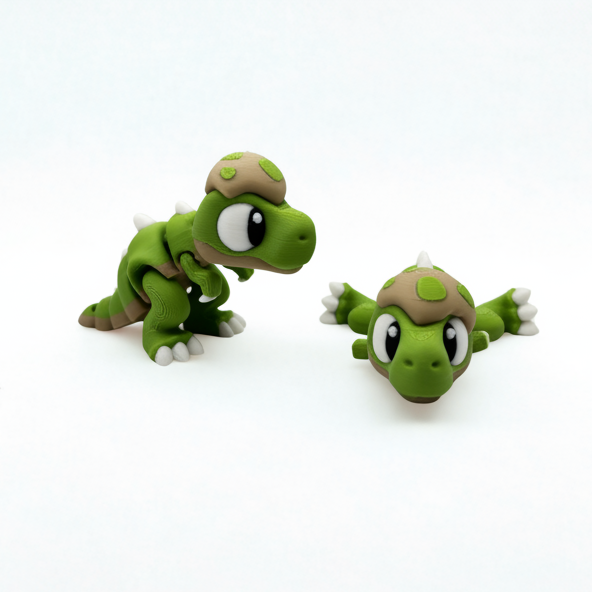 Two green toy t-rexes with brown shells on a white background