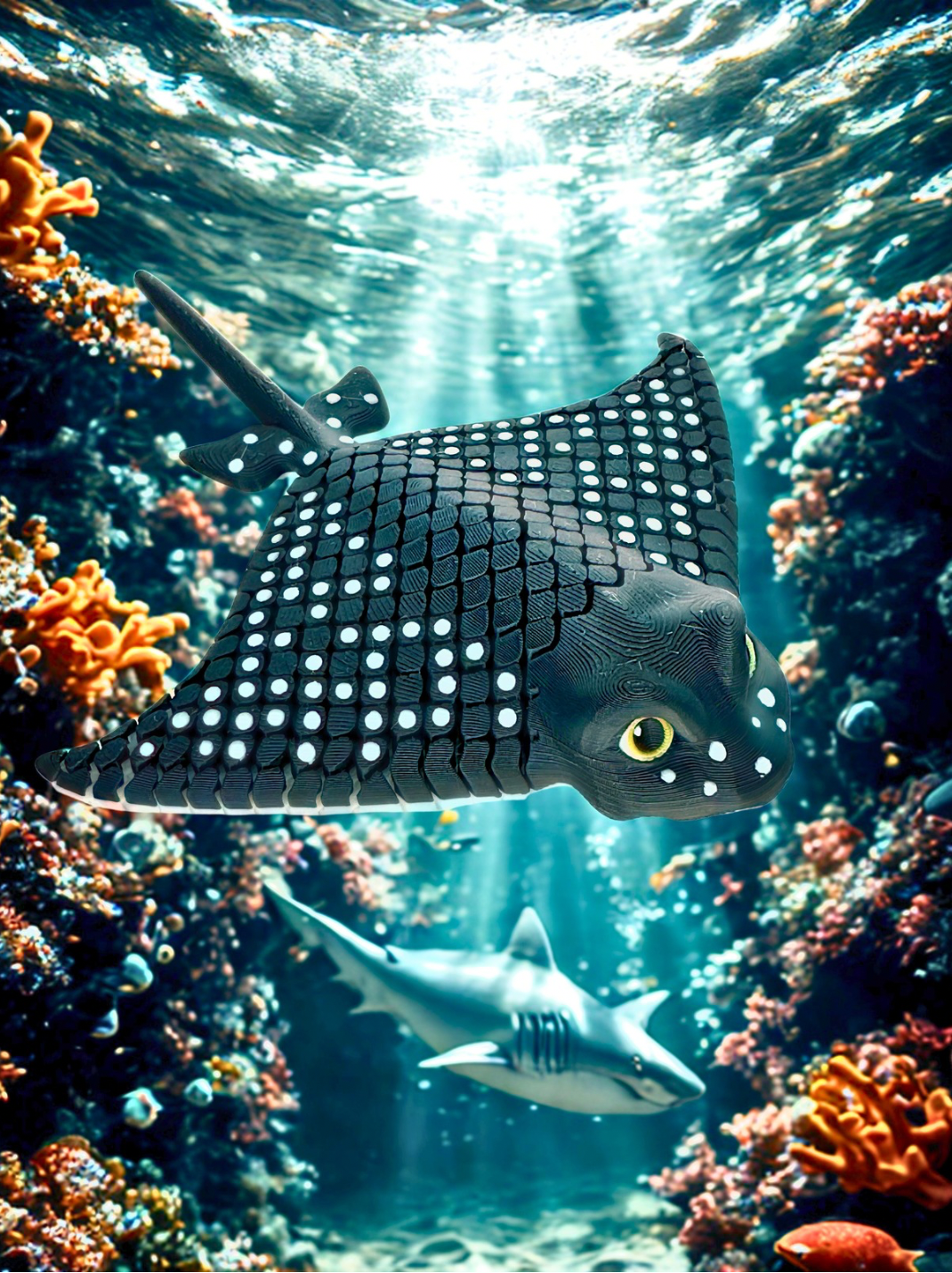 Ray fish swimming near a coral reef with sunlight filtering through the water.