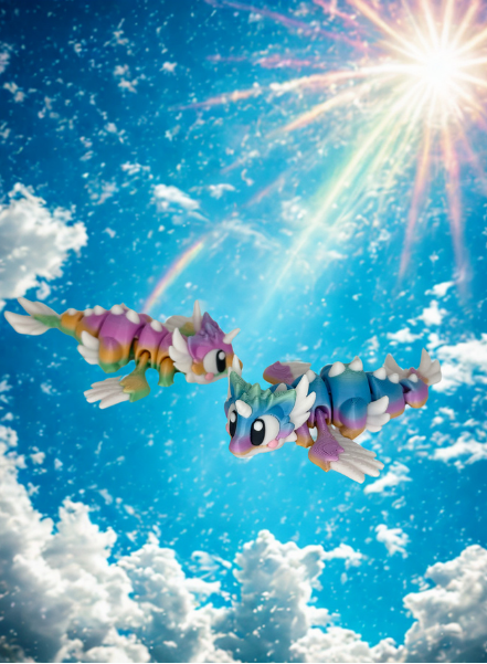 Colorful dragons flying in the sky with clouds and sun.